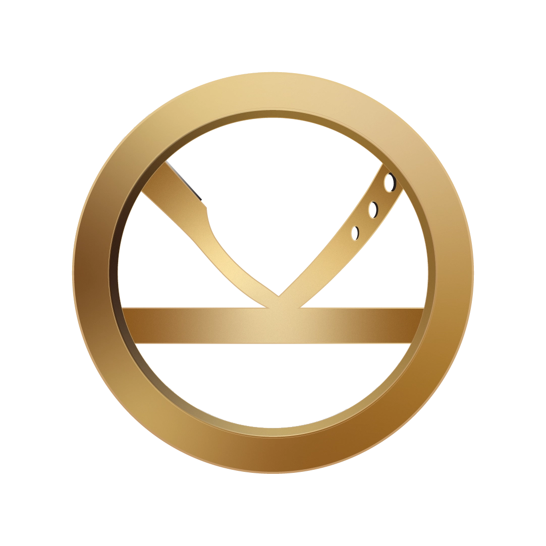 Gold circular emblem with a horizontal bar and a V-shaped element containing three small circular holes inside the circle.